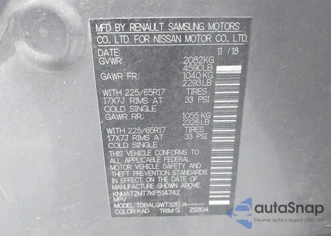 2019 Nissan Rogue Sv z USA, uszkodzony, nr VIN KNMAT2MT7KP514742